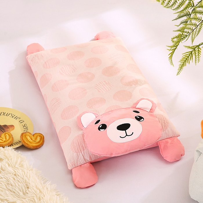 91家纺网 家纺一手货源 找家纺 蔻眠 憨憨熊-全棉双层纱卡通荞麦护颈枕头儿童学生荞麦枕芯 憨憨熊-粉色