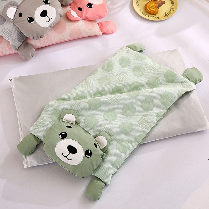 91家纺网 家纺一手货源 找家纺 蔻眠 憨憨熊-全棉双层纱卡通荞麦护颈枕头儿童学生荞麦枕芯 憨憨熊-绿色