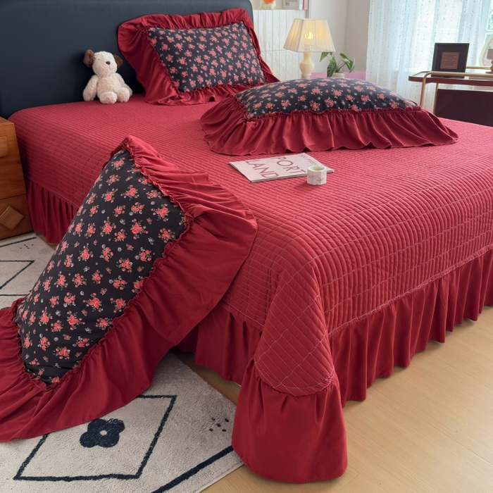 91家纺网 家纺一手货源 找家纺 铠畅 2026新款法式宽边水洗棉泡芙纱床盖款夏被四件套 玫瑰园