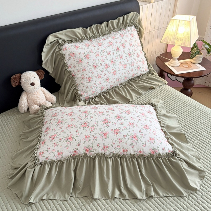 91家纺网 家纺一手货源 找家纺 铠畅 2026新款法式宽边水洗棉泡芙纱床盖款夏被四件套 抹茶玫瑰