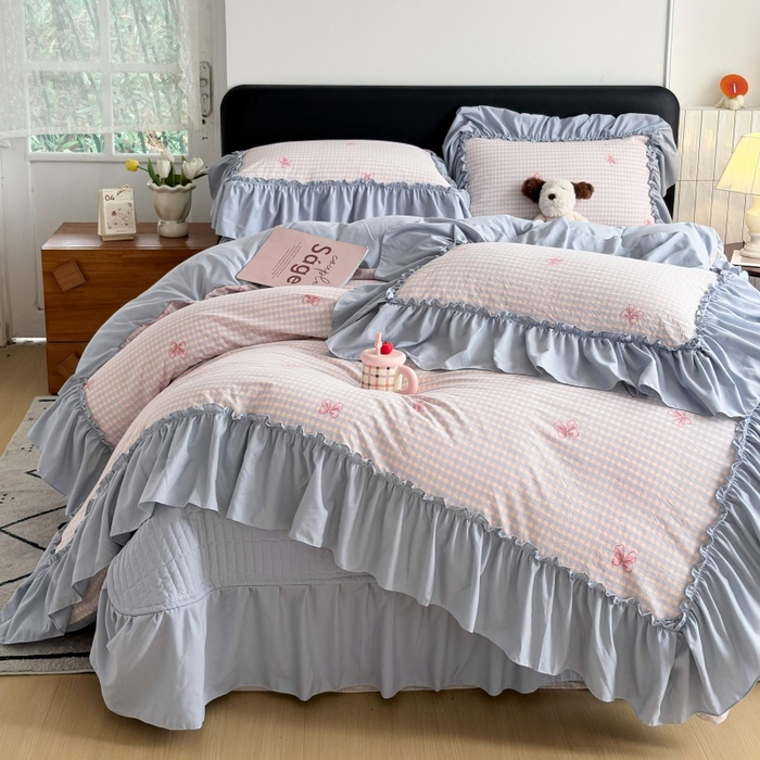 91家纺网 家纺一手货源 找家纺 铠畅 2026新款法式宽边水洗棉泡芙纱床盖款夏被四件套 奶格蝴蝶结
