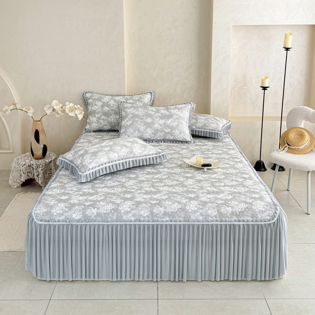 91家纺网 家纺一手货源 找家纺 雅居纺家纺 2026新款床裙款玫瑰系列凉感席 玫瑰-灰