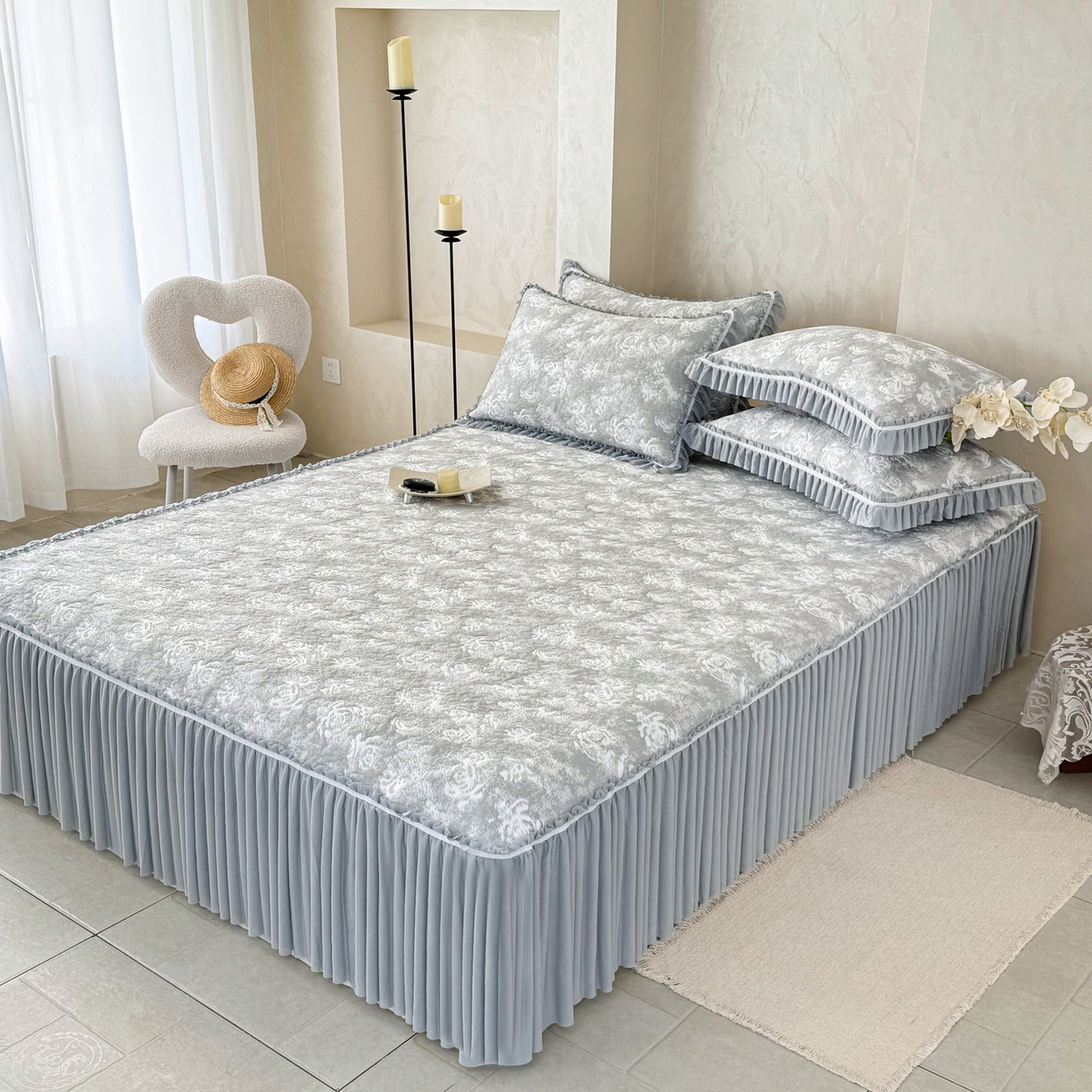 91家纺网 家纺一手货源 找家纺 雅居纺家纺 2026新款床裙款玫瑰系列凉感席 玫瑰-灰