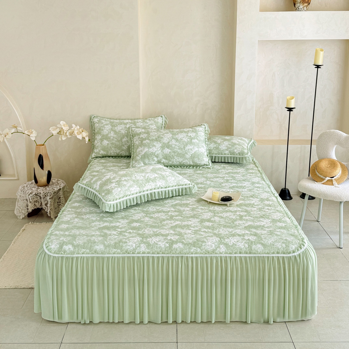 91家纺网 家纺一手货源 找家纺 雅居纺家纺 2026新款床裙款玫瑰系列凉感席 玫瑰-绿