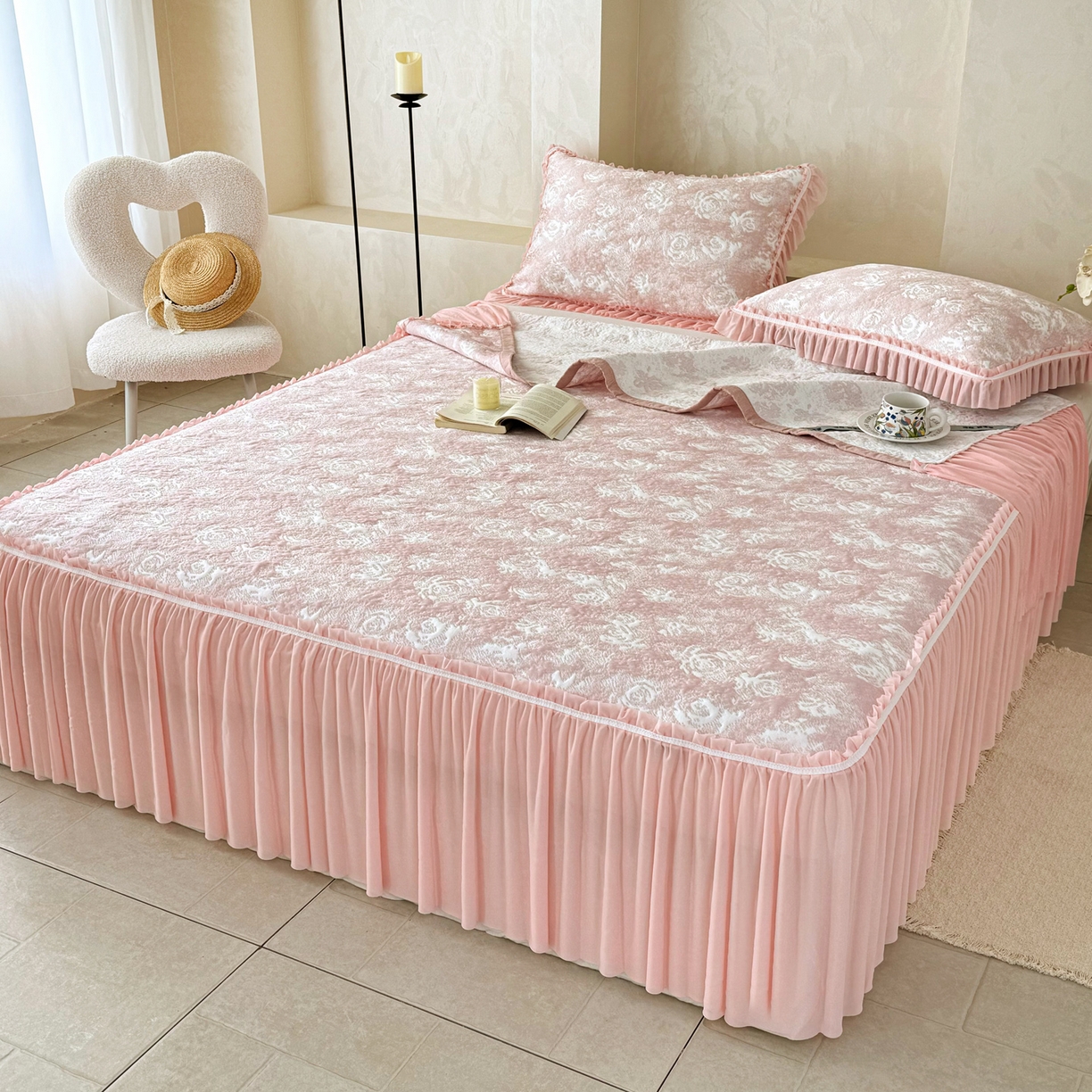 91家纺网 家纺一手货源 找家纺 雅居纺家纺 2026新款床裙款玫瑰系列凉感席 玫瑰-粉