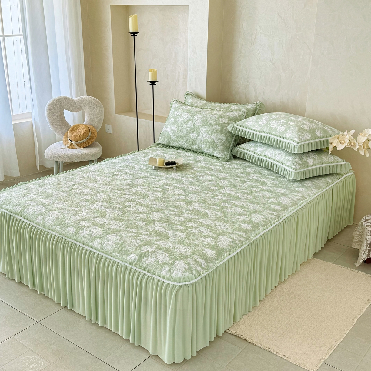 91家纺网 家纺一手货源 找家纺 雅居纺家纺 2026新款床裙款玫瑰系列凉感席 玫瑰-绿