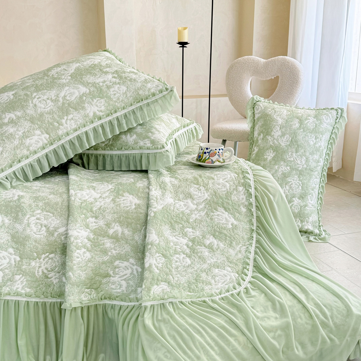 91家纺网 家纺一手货源 找家纺 雅居纺家纺 2026新款床裙款玫瑰系列凉感席 玫瑰-绿