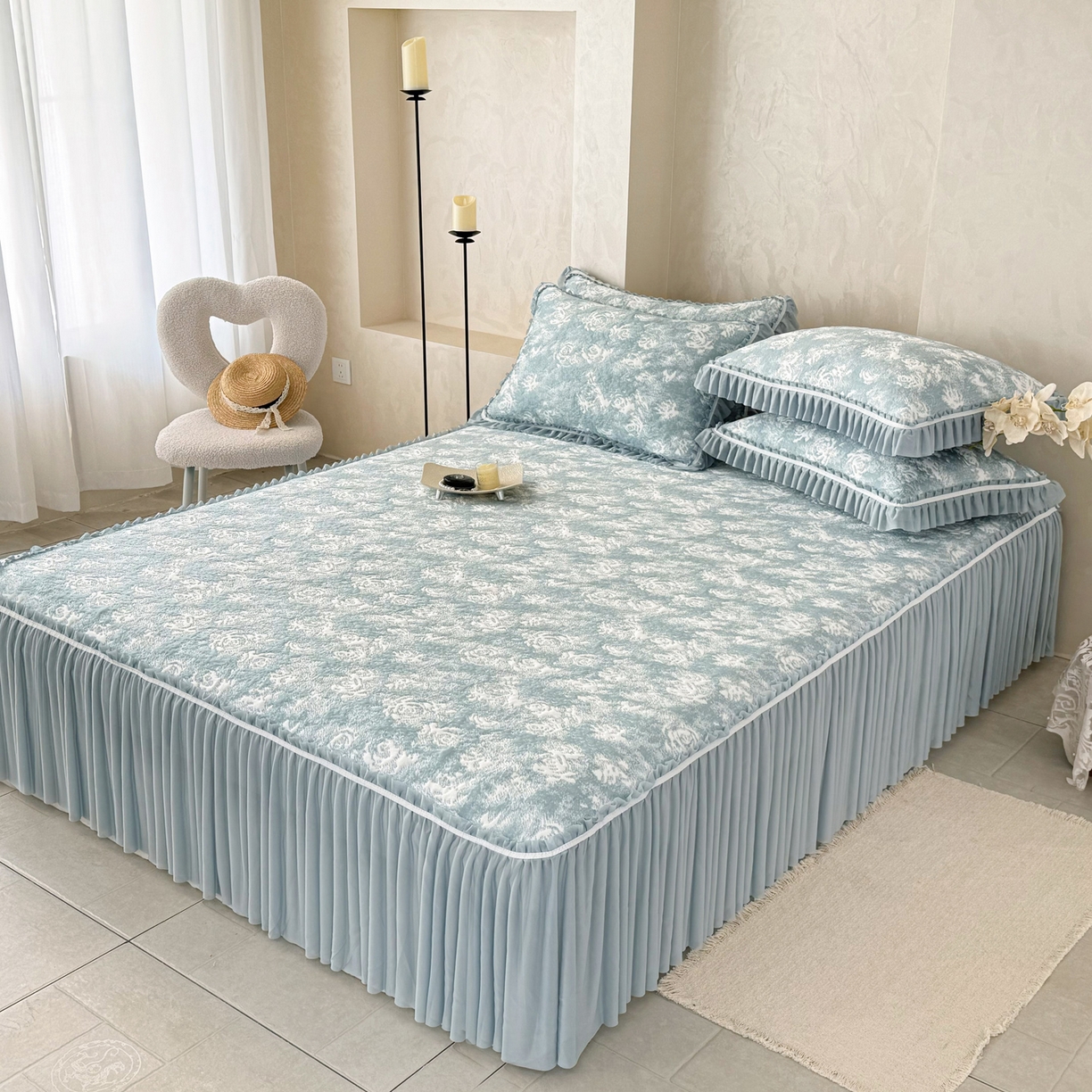 91家纺网 家纺一手货源 找家纺 雅居纺家纺 2026新款床裙款玫瑰系列凉感席 玫瑰-蓝