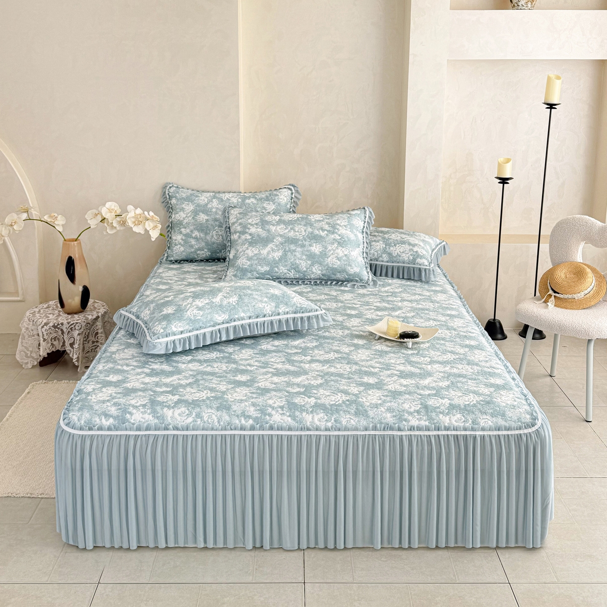 91家纺网 家纺一手货源 找家纺 雅居纺家纺 2026新款床裙款玫瑰系列凉感席 玫瑰-蓝