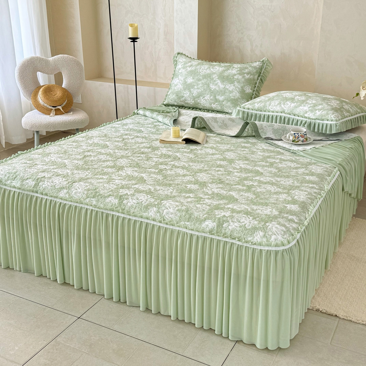 91家纺网 家纺一手货源 找家纺 雅居纺家纺 2026新款床裙款玫瑰系列凉感席 玫瑰-绿