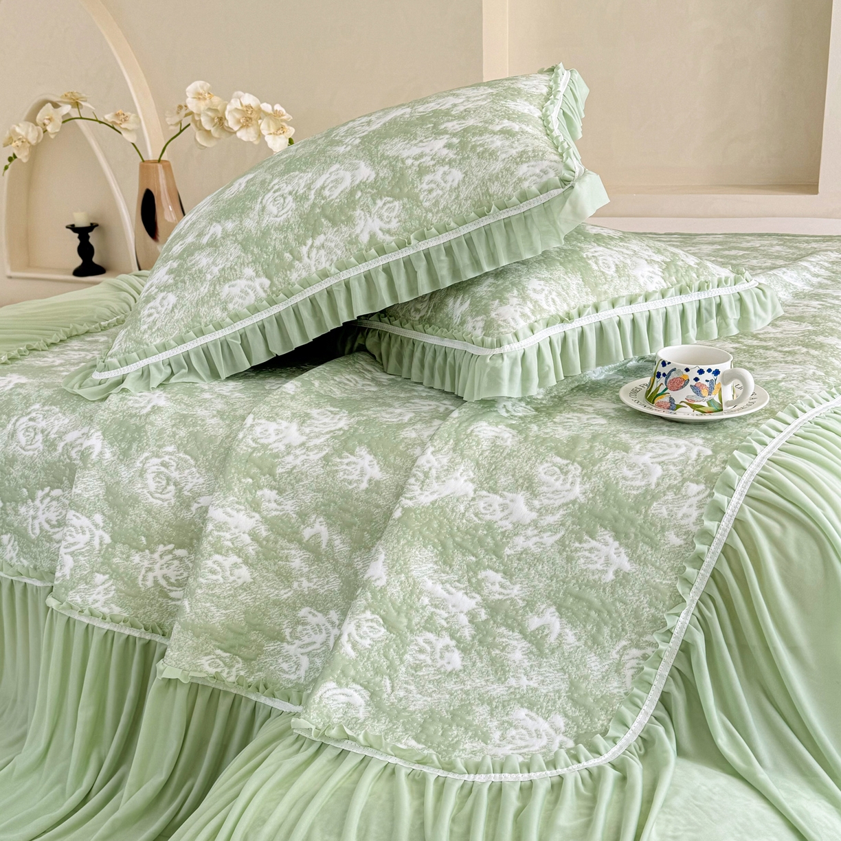 91家纺网 家纺一手货源 找家纺 雅居纺家纺 2026新款床裙款玫瑰系列凉感席 玫瑰-绿