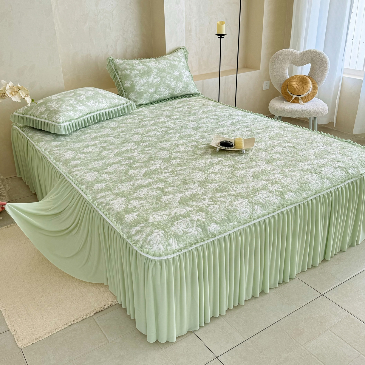 91家纺网 家纺一手货源 找家纺 雅居纺家纺 2026新款床裙款玫瑰系列凉感席 玫瑰-绿