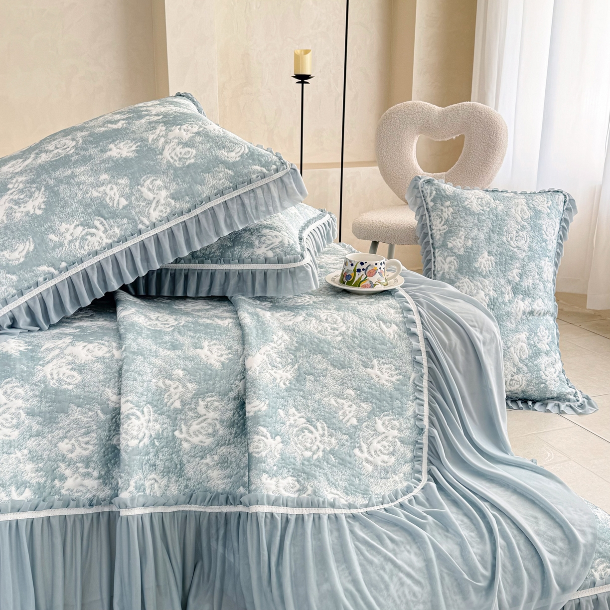 91家纺网 家纺一手货源 找家纺 雅居纺家纺 2026新款床裙款玫瑰系列凉感席 玫瑰-蓝