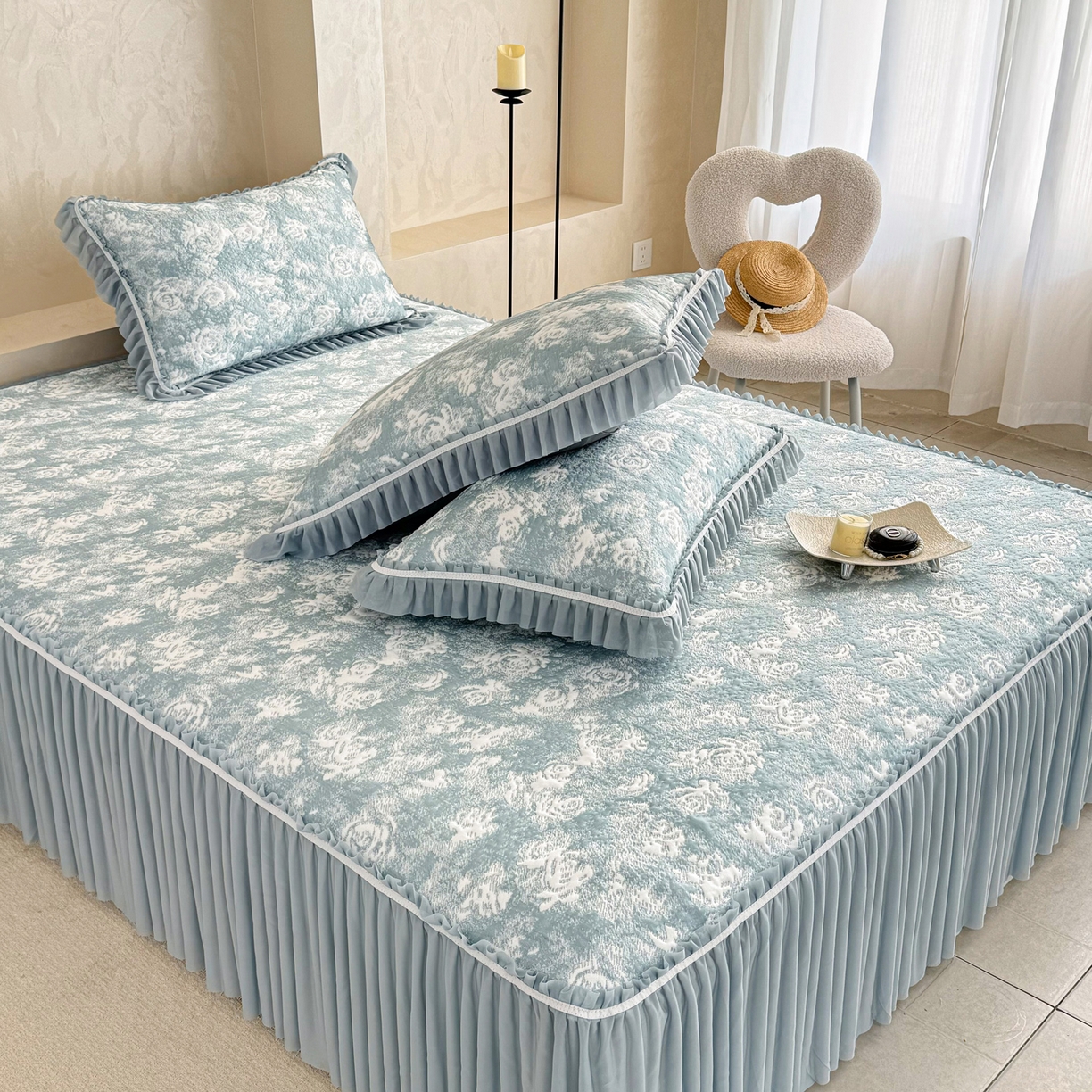 雅居纺家纺 2026新款床裙款玫瑰系列凉感席 玫瑰-蓝