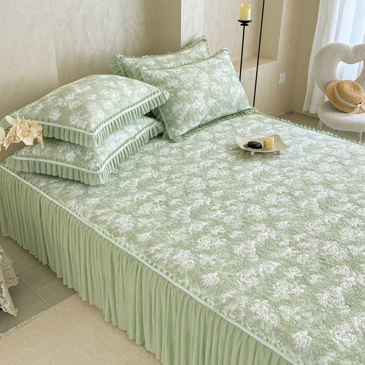 91家纺网 家纺一手货源 找家纺 雅居纺家纺 2026新款床裙款玫瑰系列凉感席 玫瑰-绿