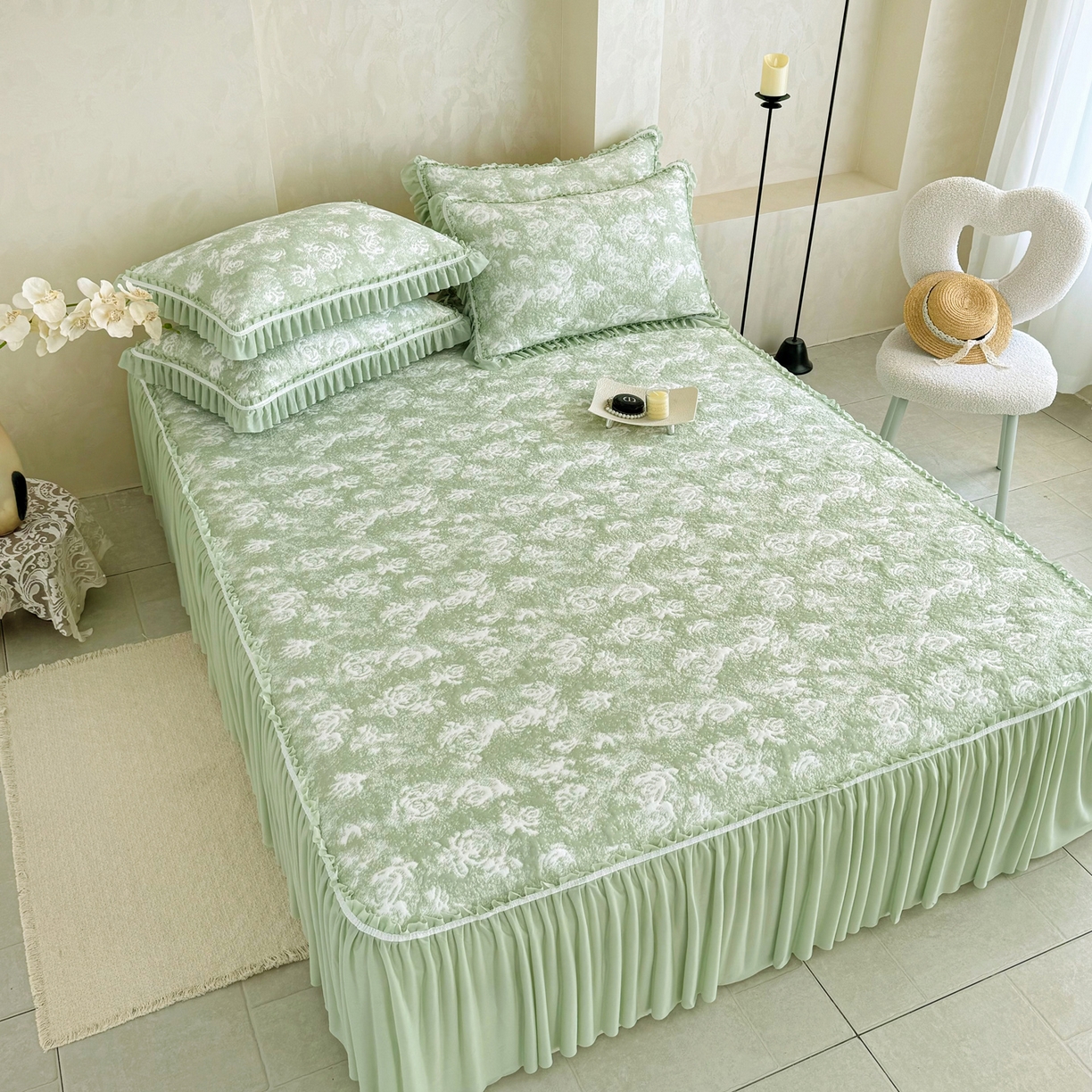 91家纺网 家纺一手货源 找家纺 雅居纺家纺 2026新款床裙款玫瑰系列凉感席 玫瑰-绿