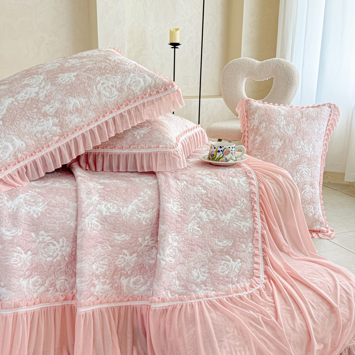 91家纺网 家纺一手货源 找家纺 雅居纺家纺 2026新款床裙款玫瑰系列凉感席 玫瑰-粉