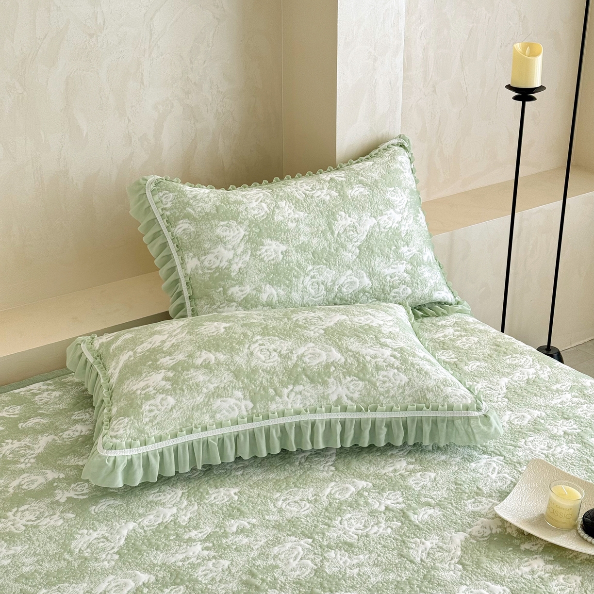 91家纺网 家纺一手货源 找家纺 雅居纺家纺 2026新款床裙款玫瑰系列凉感席 玫瑰-绿