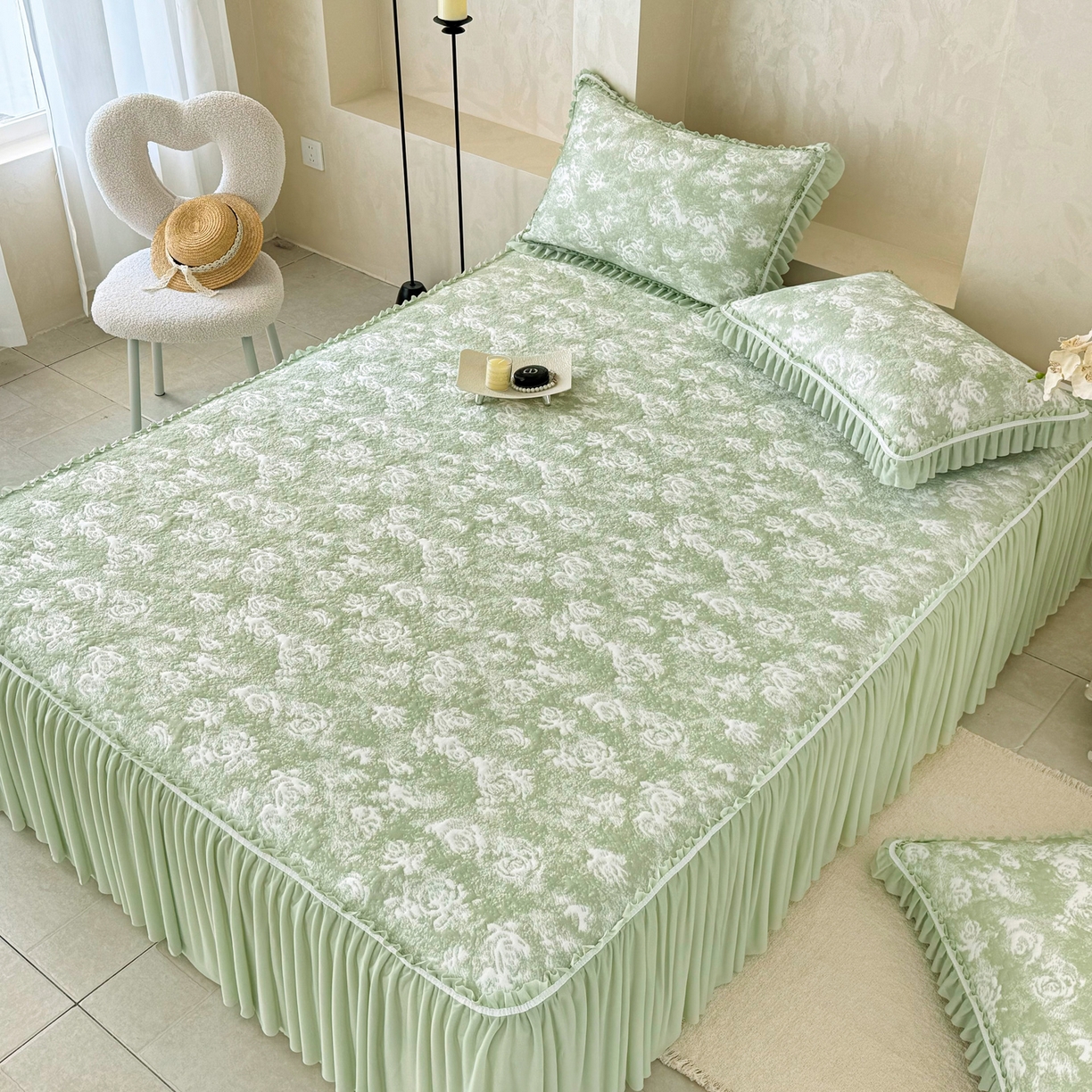 91家纺网 家纺一手货源 找家纺 雅居纺家纺 2026新款床裙款玫瑰系列凉感席 玫瑰-绿