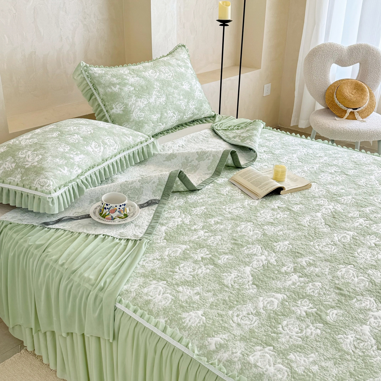 91家纺网 家纺一手货源 找家纺 雅居纺家纺 2026新款床裙款玫瑰系列凉感席 玫瑰-绿