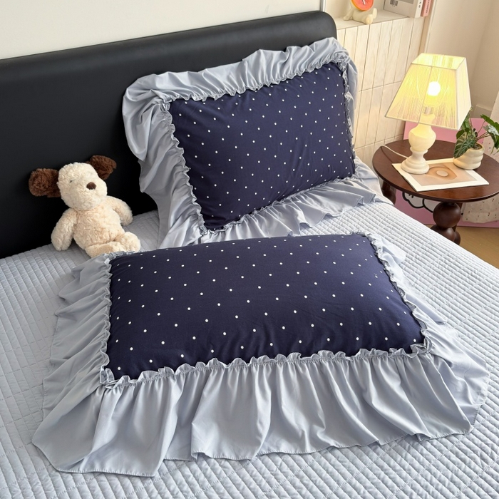91家纺网 家纺一手货源 找家纺 铠畅 2026新款法式宽边水洗棉泡芙纱床盖款夏被四件套 雾蓝波点
