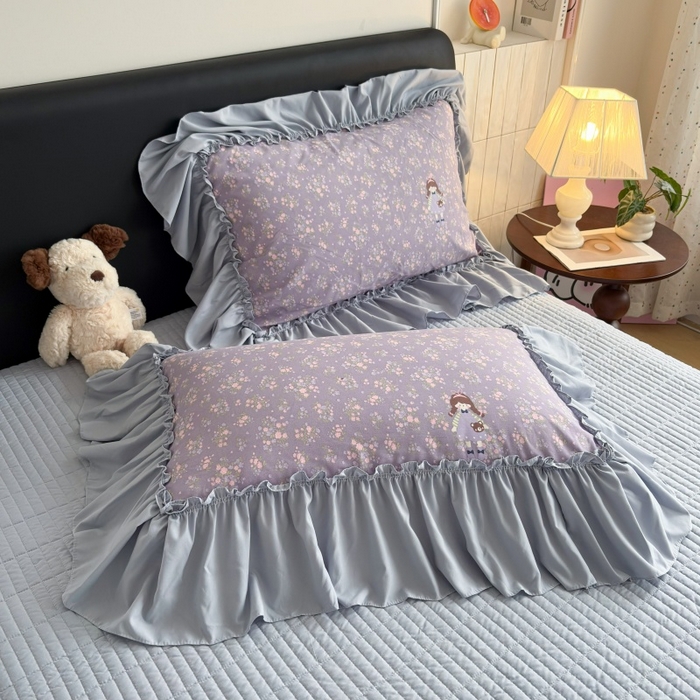 91家纺网 家纺一手货源 找家纺 铠畅 2026新款法式宽边水洗棉泡芙纱床盖款夏被四件套 薰衣草女孩