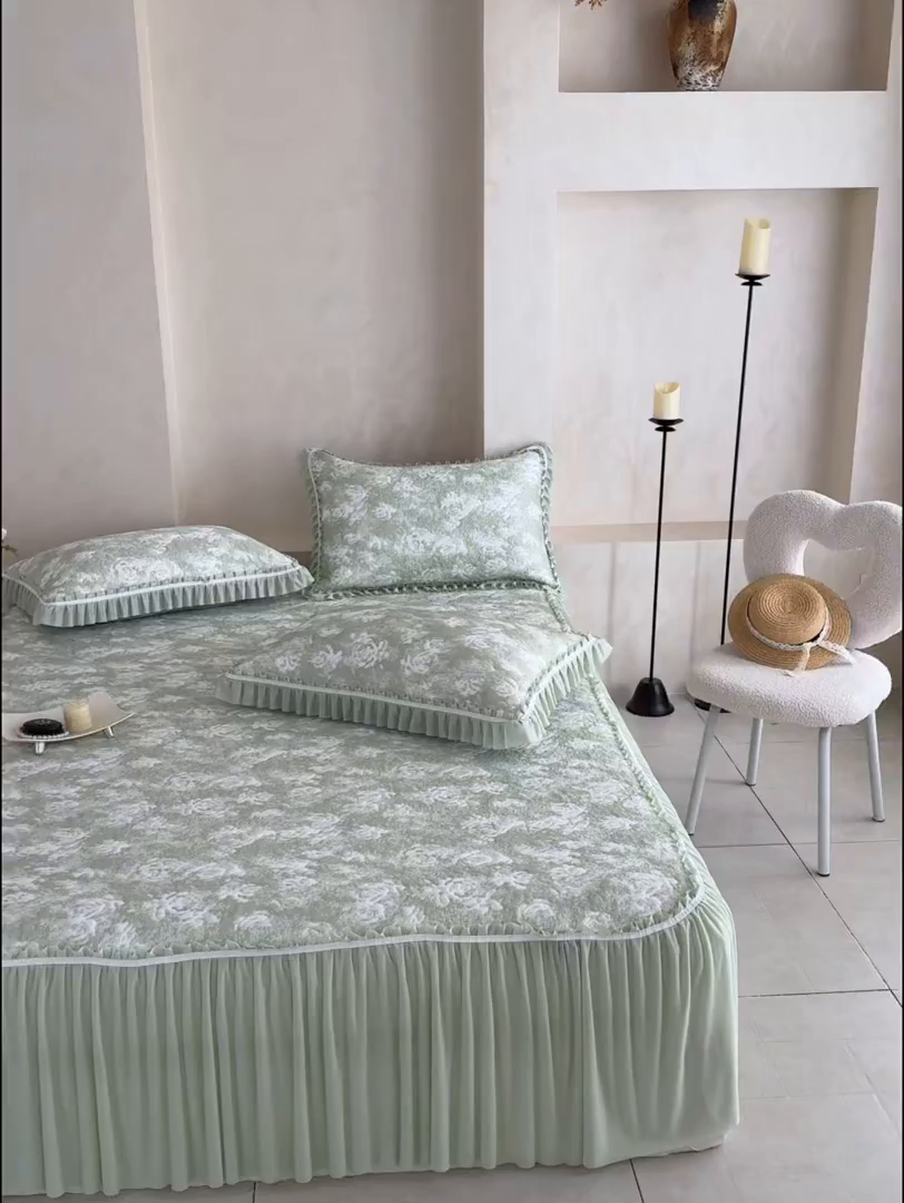 91家纺网 家纺一手货源 找家纺 雅居纺家纺 2026新款床裙款玫瑰系列凉感席 玫瑰-绿