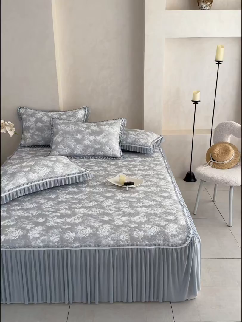 91家纺网 家纺一手货源 找家纺 雅居纺家纺 2026新款床裙款玫瑰系列凉感席 玫瑰-灰