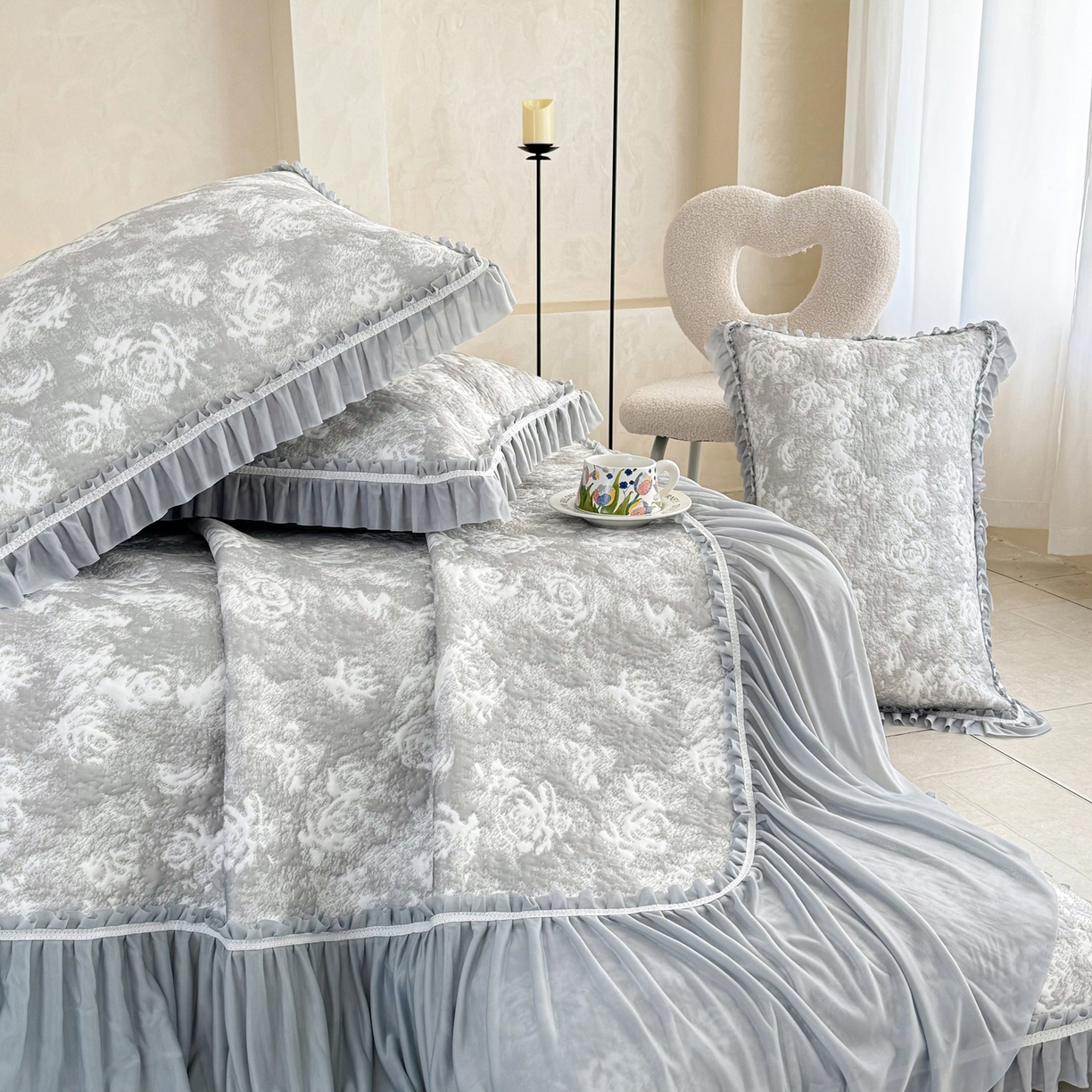 91家纺网 家纺一手货源 找家纺 雅居纺家纺 2026新款床裙款玫瑰系列凉感席 玫瑰-灰