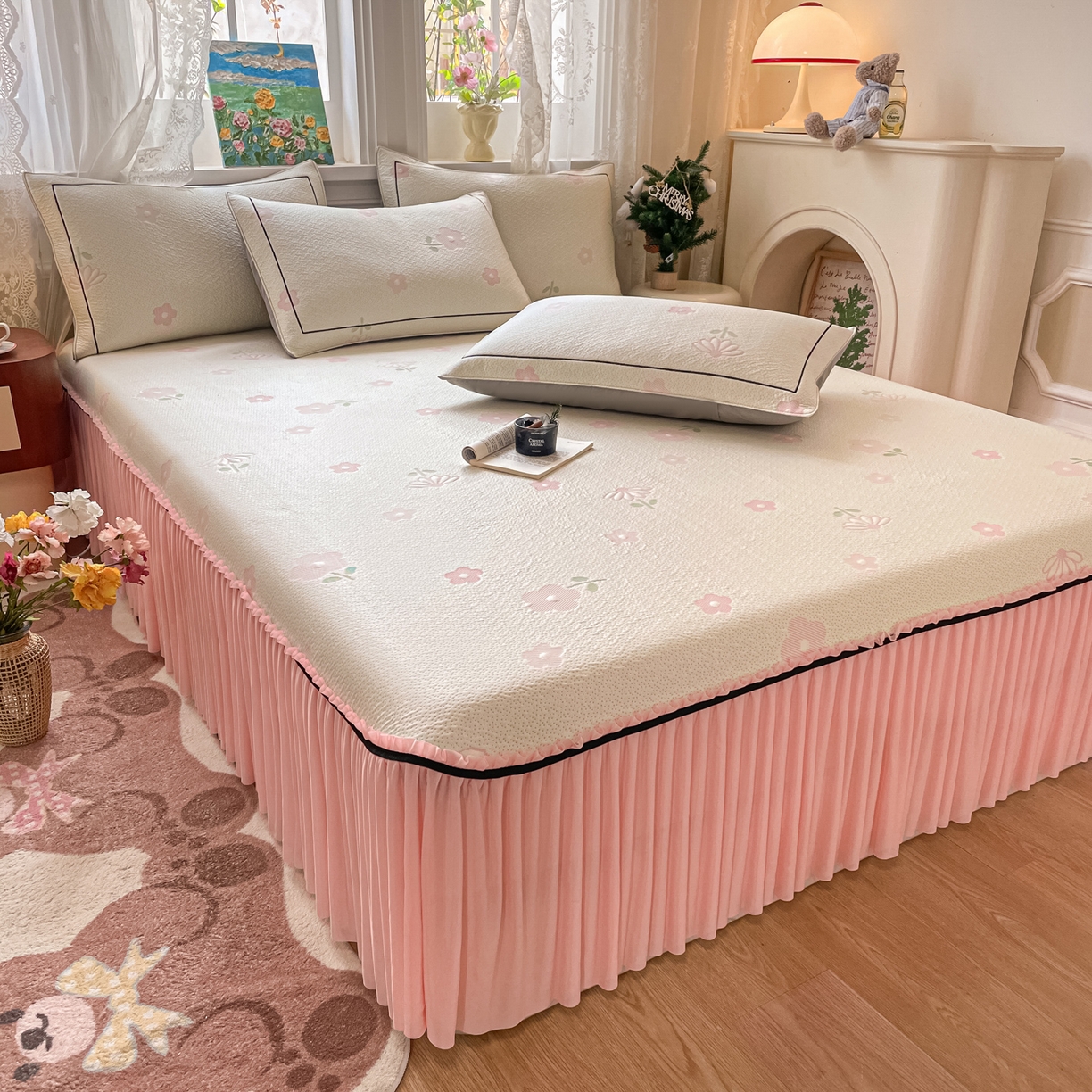 91家纺网 家纺一手货源 找家纺 雅居纺家纺 2026新款夏日花语系列凉感床裙凉席 夏日花语-粉