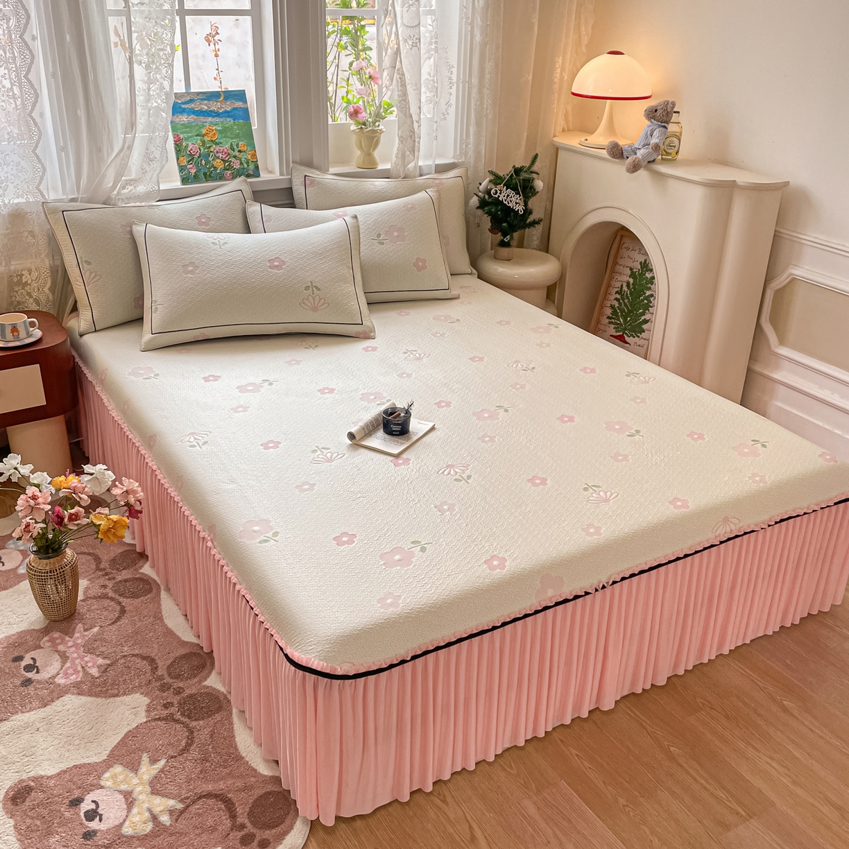 91家纺网 家纺一手货源 找家纺 雅居纺家纺 2026新款夏日花语系列凉感床裙凉席 夏日花语-粉