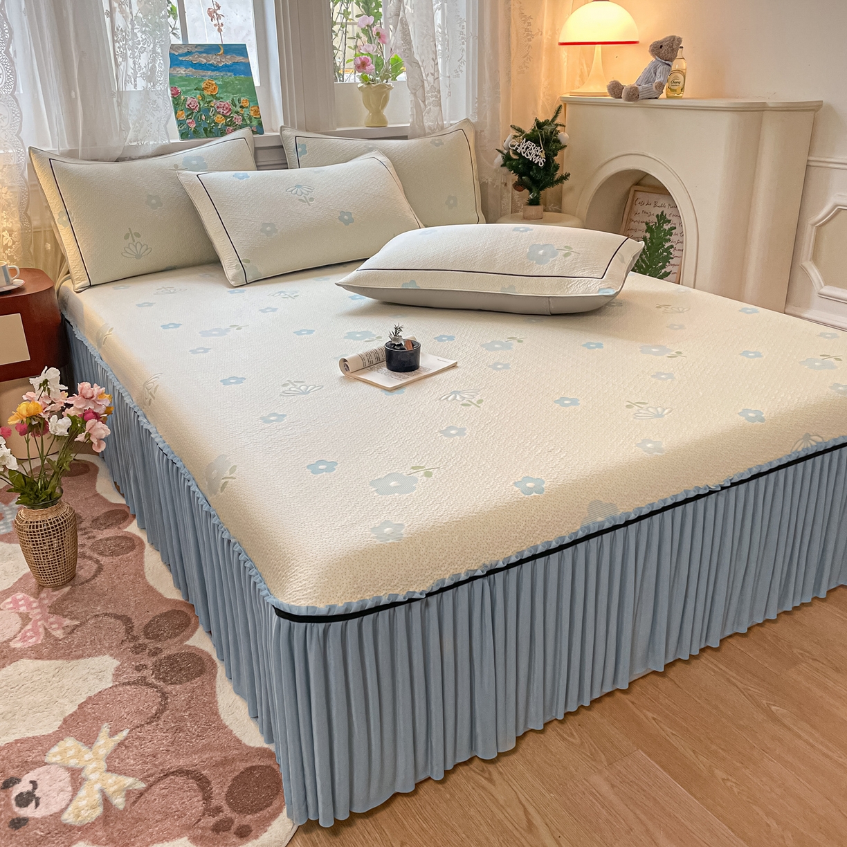 91家纺网 家纺一手货源 找家纺 雅居纺家纺 2026新款夏日花语系列凉感床裙凉席 夏日花语-蓝