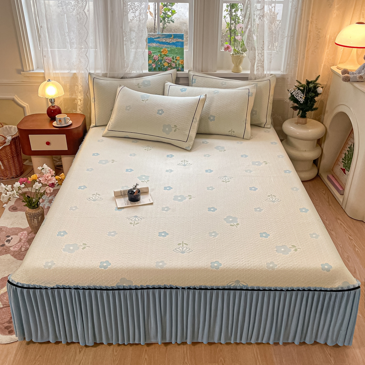 91家纺网 家纺一手货源 找家纺 雅居纺家纺 2026新款夏日花语系列凉感床裙凉席 夏日花语-蓝