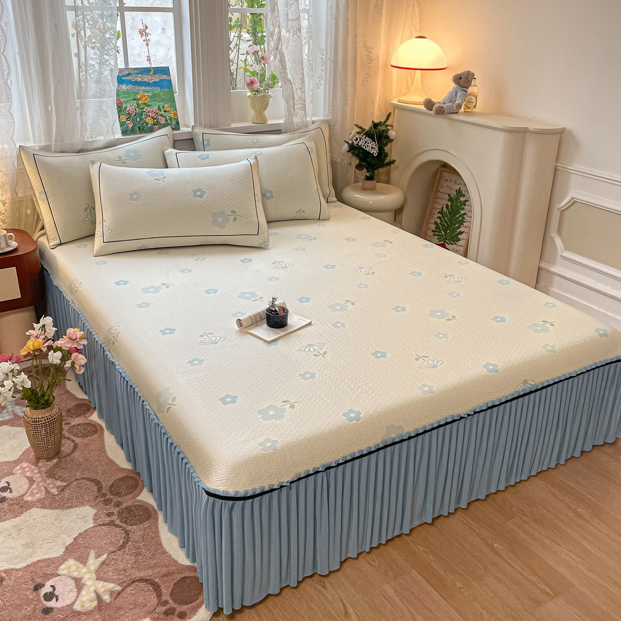 91家纺网 家纺一手货源 找家纺 雅居纺家纺 2026新款夏日花语系列凉感床裙凉席 夏日花语-蓝