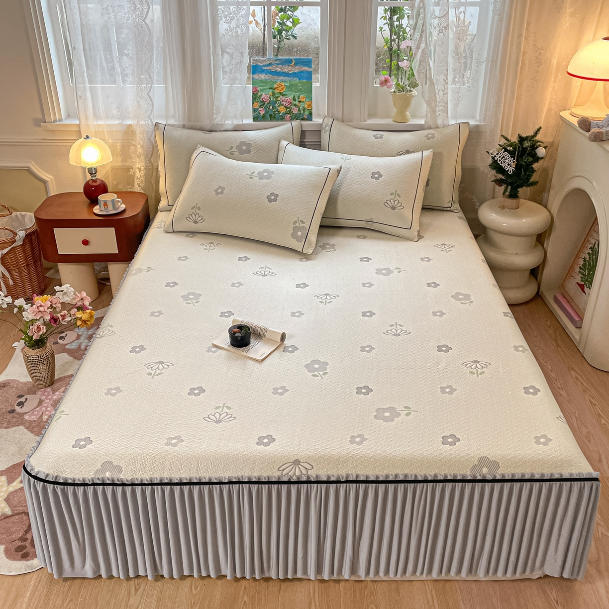 91家纺网 家纺一手货源 找家纺 雅居纺家纺 2026新款夏日花语系列凉感床裙凉席 夏日花语-灰