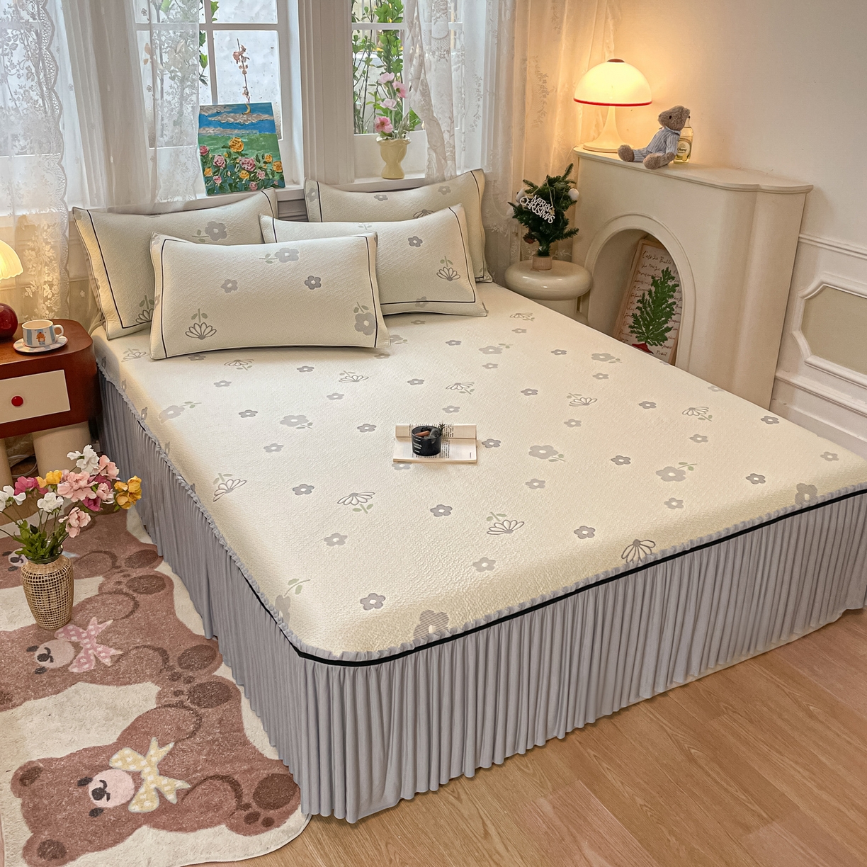 91家纺网 家纺一手货源 找家纺 雅居纺家纺 2026新款夏日花语系列凉感床裙凉席 夏日花语-灰