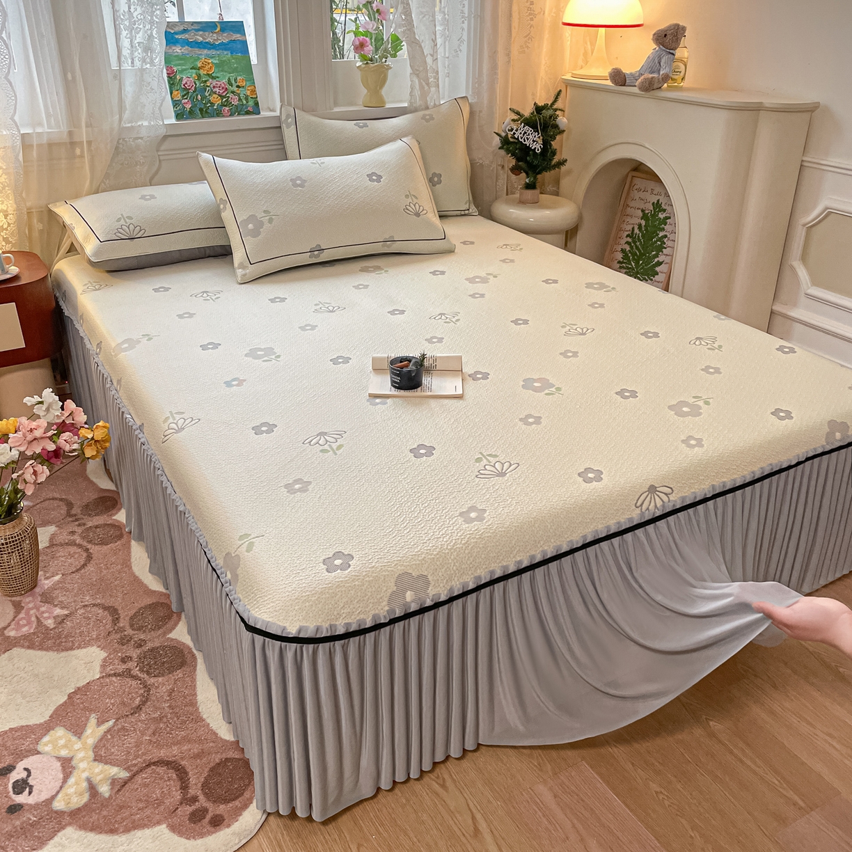 91家纺网 家纺一手货源 找家纺 雅居纺家纺 2026新款夏日花语系列凉感床裙凉席 夏日花语-灰