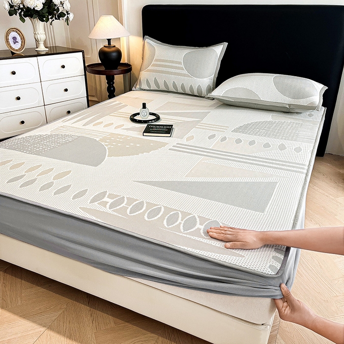 91家纺网 家纺一手货源 找家纺 （总）雅诗帛 2026新款PE凉感丝凉席床笠款凉席席子三件套-几何