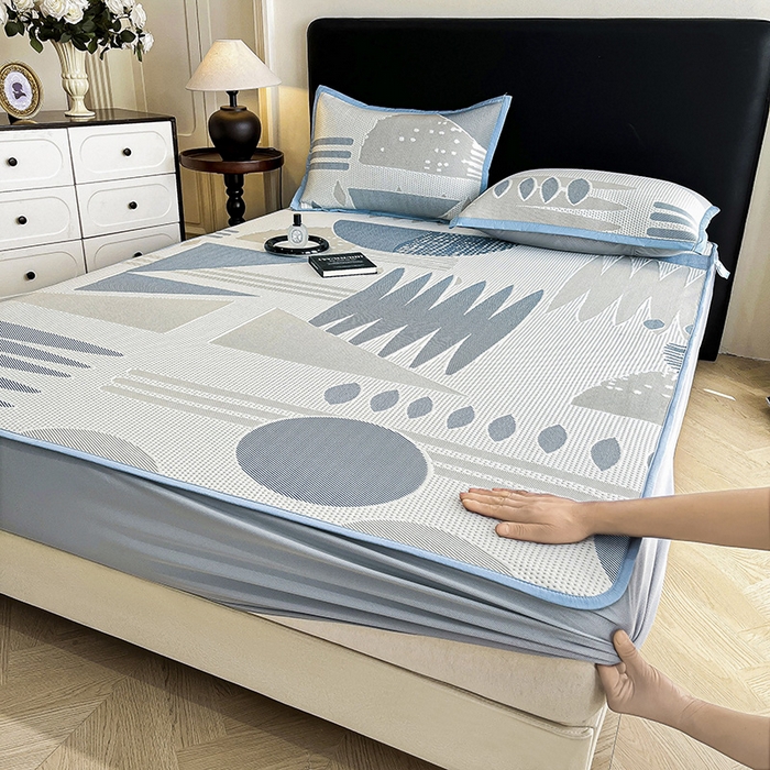 91家纺网 家纺一手货源 找家纺 （总）雅诗帛 2026新款PE凉感丝凉席床笠款凉席席子三件套-几何