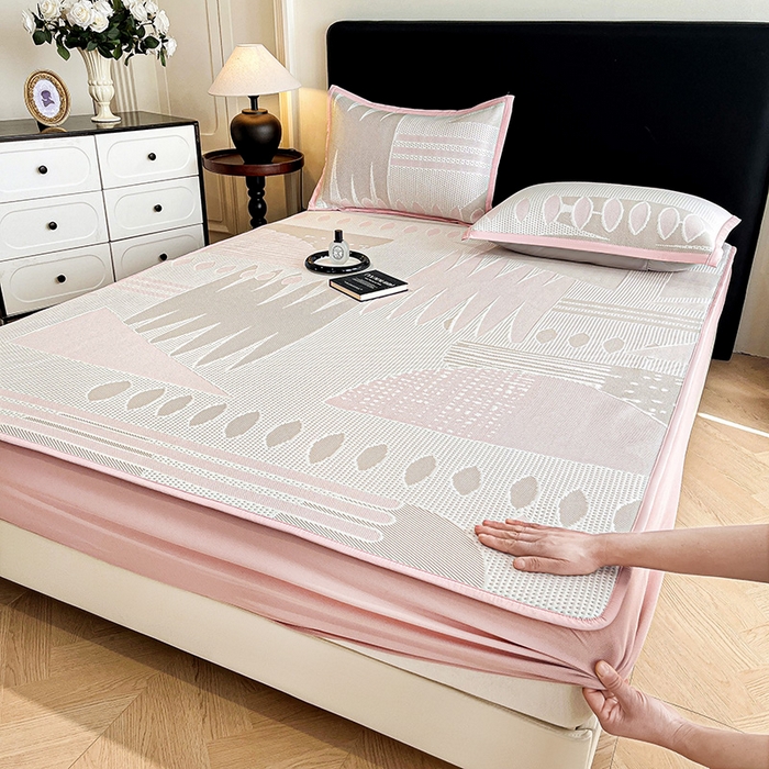雅诗帛 2026新款PE凉感丝凉席床笠款凉席席子三件套-几何 几何-粉