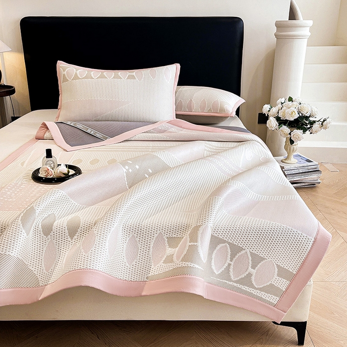 91家纺网 家纺一手货源 找家纺 雅诗帛 2026新款PE凉感丝凉席床笠款凉席席子三件套-几何 几何-粉