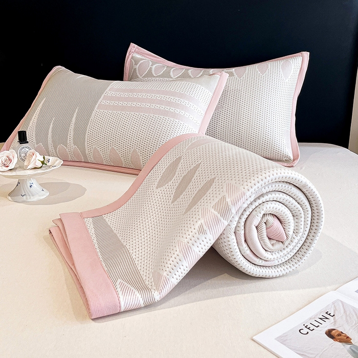 91家纺网 家纺一手货源 找家纺 雅诗帛 2026新款PE凉感丝凉席床笠款凉席席子三件套-几何 几何-粉