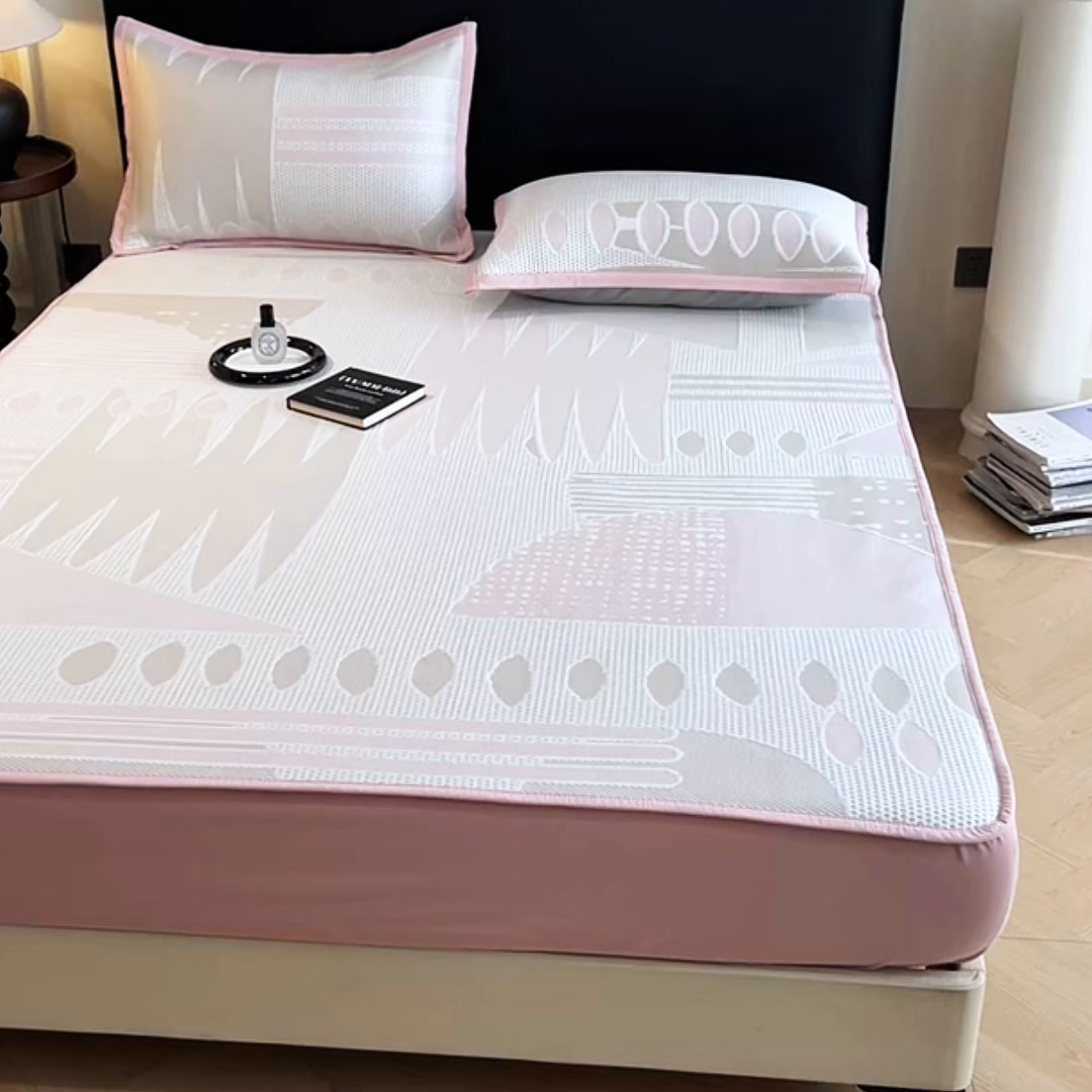 91家纺网 家纺一手货源 找家纺 雅诗帛 2026新款PE凉感丝凉席床笠款凉席席子三件套-几何 几何-粉