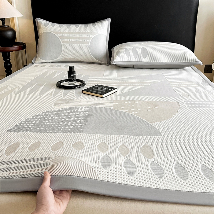 91家纺网 家纺一手货源 找家纺 雅诗帛 2026新款PE凉感丝凉席床笠款凉席席子三件套-几何 几何-灰