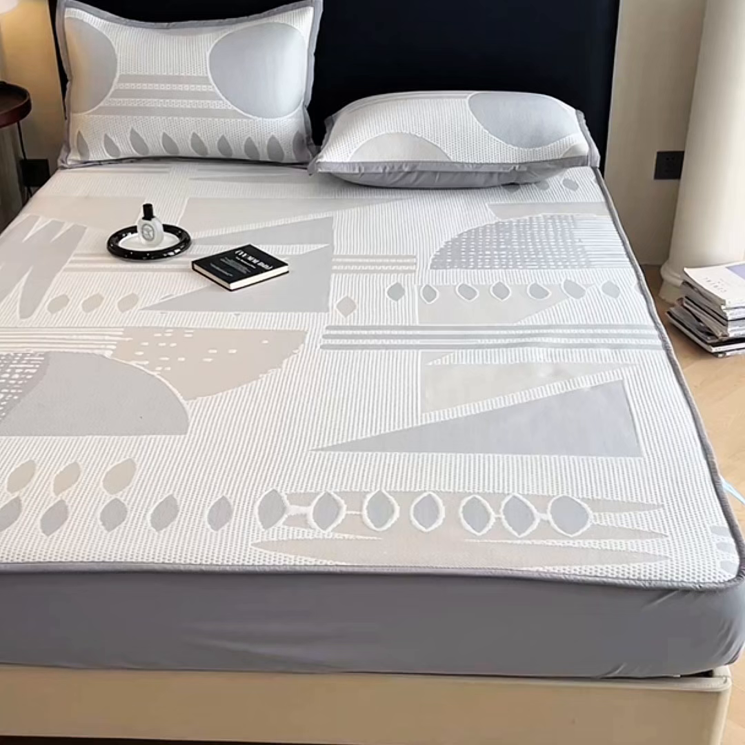 91家纺网 家纺一手货源 找家纺 雅诗帛 2026新款PE凉感丝凉席床笠款凉席席子三件套-几何 几何-灰