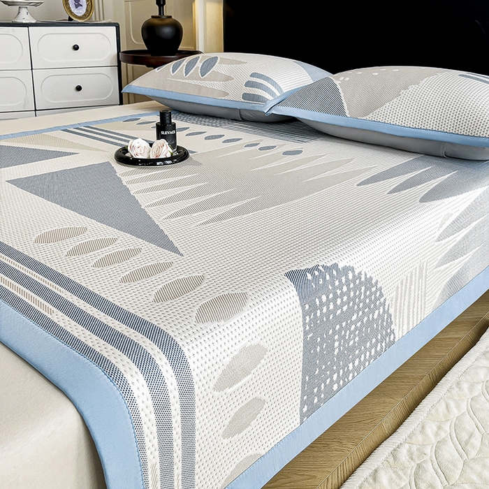 91家纺网 家纺一手货源 找家纺 雅诗帛 2026新款PE凉感丝凉席床笠款凉席席子三件套-几何 几何-蓝