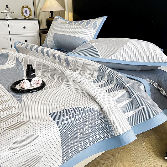 91家纺网 家纺一手货源 找家纺 雅诗帛 2026新款PE凉感丝凉席床笠款凉席席子三件套-几何 几何-蓝
