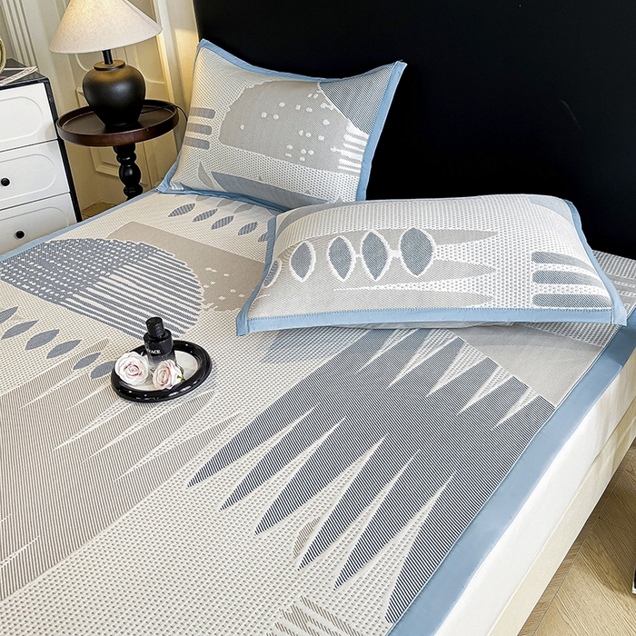 91家纺网 家纺一手货源 找家纺 雅诗帛 2026新款PE凉感丝凉席床笠款凉席席子三件套-几何 几何-蓝