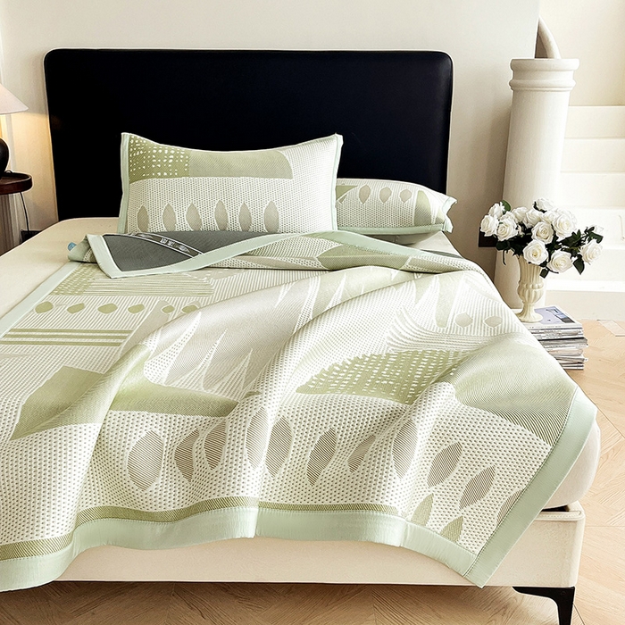 91家纺网 家纺一手货源 找家纺 雅诗帛 2026新款PE凉感丝凉席床笠款凉席席子三件套-几何 几何-绿
