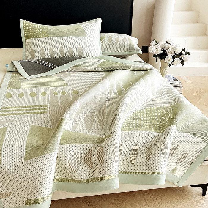 91家纺网 家纺一手货源 找家纺 雅诗帛 2026新款PE凉感丝凉席床笠款凉席席子三件套-几何 几何-绿